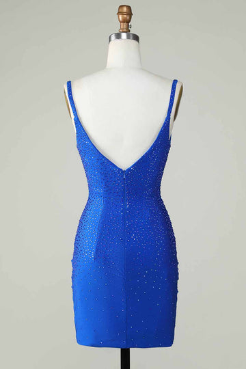 Bodycon Deep V Neck Royal Blue Short Homecoming Dress con abalorios